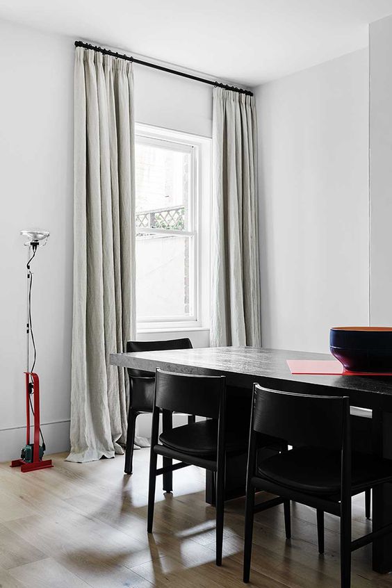 Add a casual feel to the space with textural curtains and pencil pleat