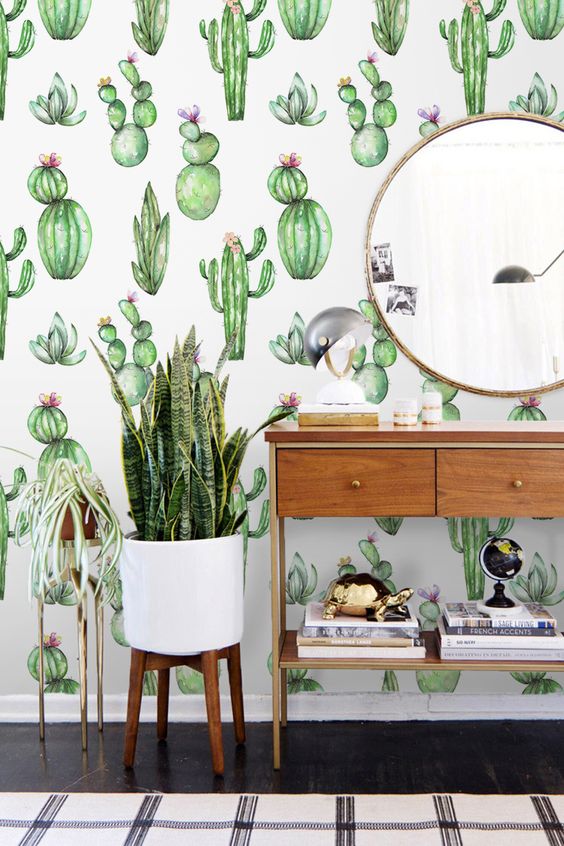 add a whimsy touch with cactus print wallpaper, it can be removable if you are renting