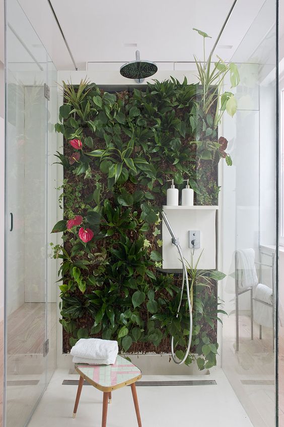 a real living wall in the shower is a fresh and vivacious idea and you'll feel like outdoors while having a shower