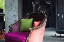 04 a vintage-styled chair with neon upholstery in fuchsia, peachy pink and purple to create a contrasting look