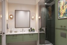 05 a muted green wall and a sink vanity create a chic combo with terrazzo and makes the space comforting