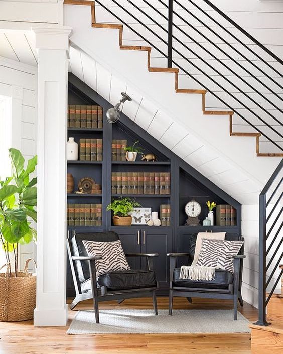 a vintage graphite grey bookcase, lamps and comfy chairs for creating a cozy reading nook