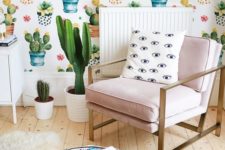 05 quirky and whimsy cactus print wallpaper for a boho chic living room, cacti in pots highlight it
