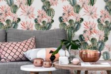 06 make your boho chic space more interesting with cacti wallpaper in green and pink