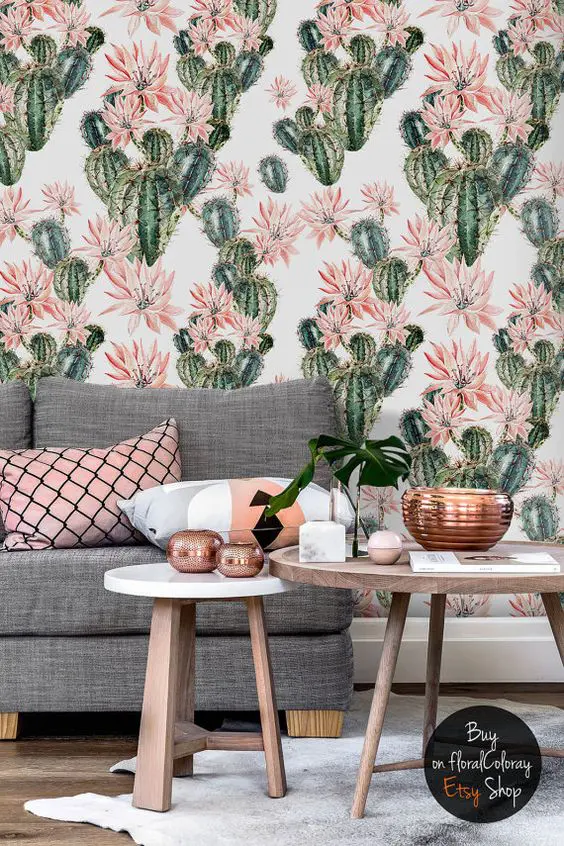 make your boho chic space more interesting with cacti wallpaper in green and pink