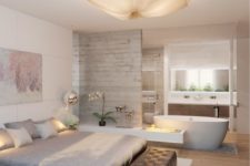 07 a modern rustic bedroom with a bathtub integrated into the decor for more interest and a spa feel