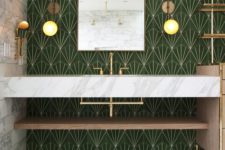09 art-deco green and gold mosaic tiles for creating a bold and elegant statement wall and marble add a luxury