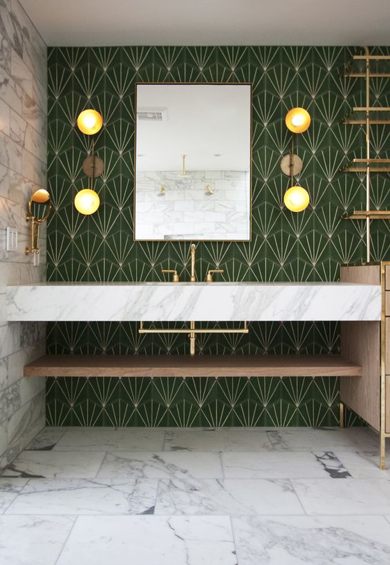 Art deco green and gold mosaic tiles for creating a bold and elegant statement wall and marble add a luxury