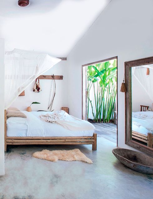 make the bedroom more interesting with textures like wood, bamboo and other materials