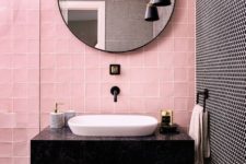 09 pink and black penny tiles create a bold and chic combo for a modenr bathroom