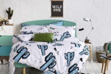 cute teenage bedroom with cacti-inspired bedding