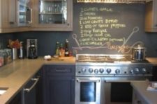 11 a navy kitchen with grey countertops and a chalkboard backsplash to chalk down the recipes