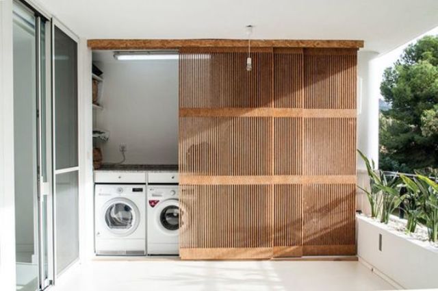 hide your home laundry with wood lettice screens for an airy and relaxed look yet less clutter