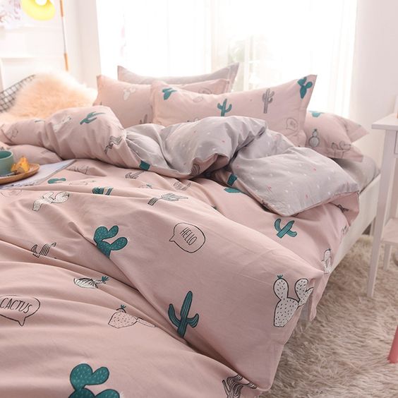 a pink bedding set with fun cactus prints is a dreamy idea that makes your space welcoming