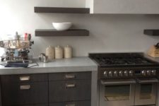 14 light-colored creamy concrete countertops and a backsplash for a contrast with dark stained cabinets