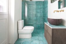 15 turquoise penny printed tiles contrast whites and brown natural wood and create a unique textural look