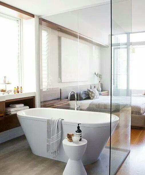 a free-standing bathtub spearated with a glass space divider for gentle separation