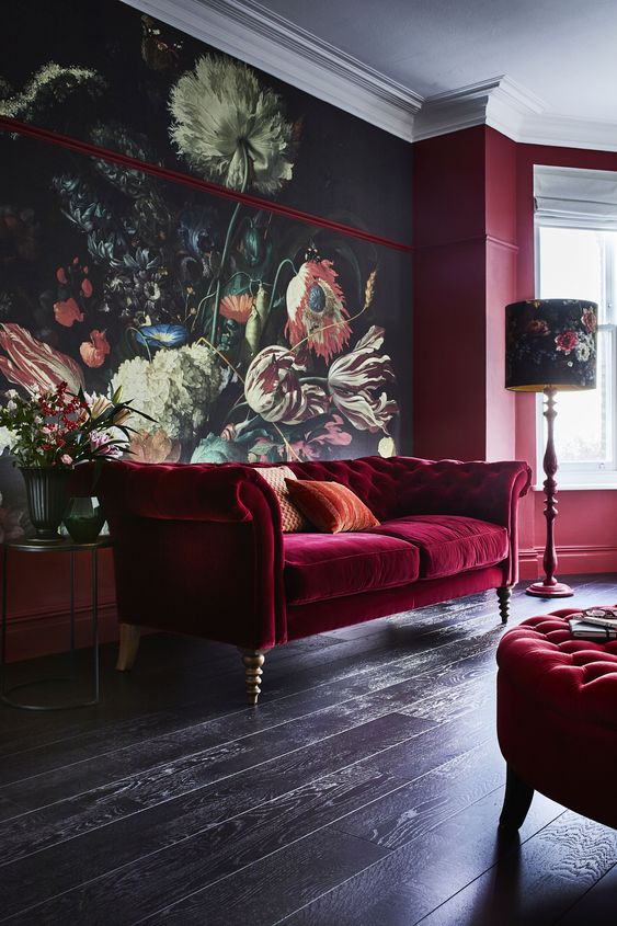 a gorgeous moody floral wall mural makes this space refined and chic