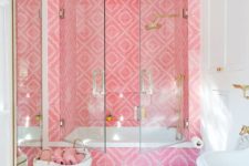 17 bold pink printed tiles for accenting the shower zone and creating an ultimate glam look