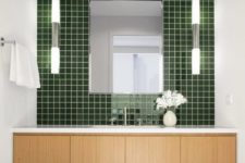 17 highlight the sink zone with a glossy green tile wall, it’s a beautiful way to add color and a relaxing feel to the space