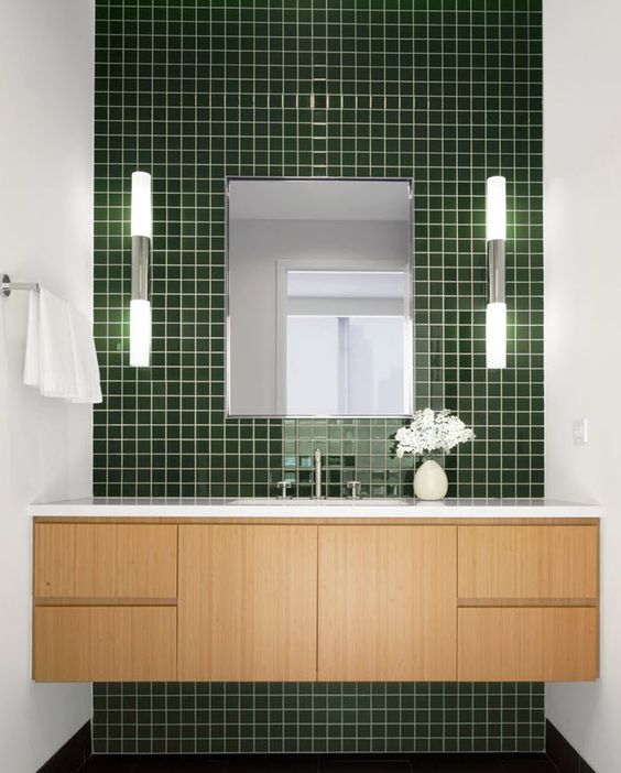 highlight the sink zone with a glossy green tile wall, it's a beautiful way to add color and a relaxing feel to the space