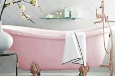 22 a refined pink bathtub with copper clawfoot legs for a gorgeous and sophisticated space