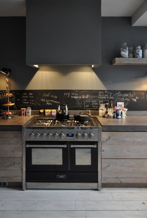 light-colored wooden cabinets, concrete countertops and a narrow chalkboard backsplash for a texture