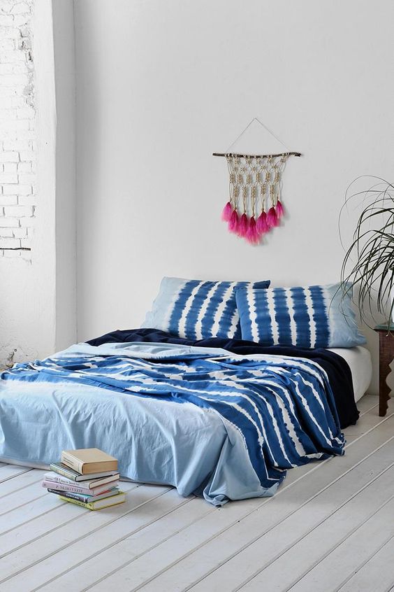indigo noodle stripe bedding will fit a boho bedroom and will bring a touch of color and print