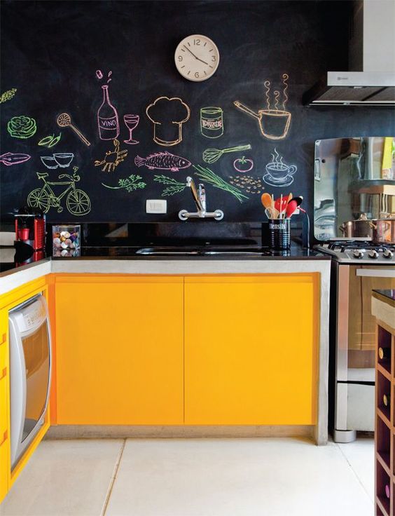 turn your chalkboard backsplash into your own artwork chalking various food and drinks on it
