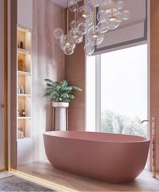 A cool bathroom with pink plywood walls, a pink tub, lit up built in shelves and lots of bubble lights over the bathtub
