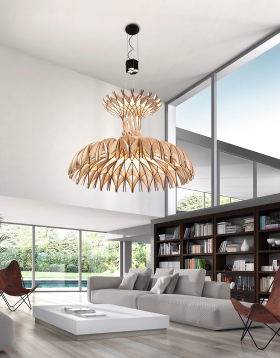 Dome light sculpture is handmade of wooden pieces and will easily make a statement in any space with its design