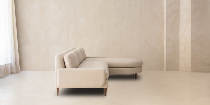 This L shaped couch is a modern take on a usual L shaped sofa, it features rounded angles and modern armrests