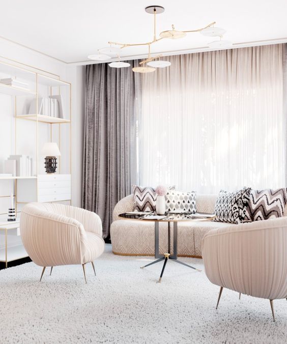 blush furniture and lilac grey draperies make the space more eye-catchy