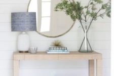 11 a simple summer console, greenery in a jar, baskets and a blue lampshade for an airy and serene look