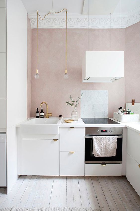 why not add a quartz pink backsplash to spruce up your neutral kitchen, it's a trendy solution
