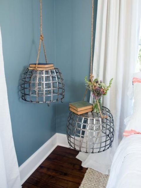 a hanging metal bedside table duo for making a unique statement in the bedroom
