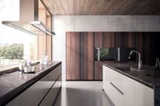 17 a contemporary kitchen in white and rich-colored wood with a window as a backsplash