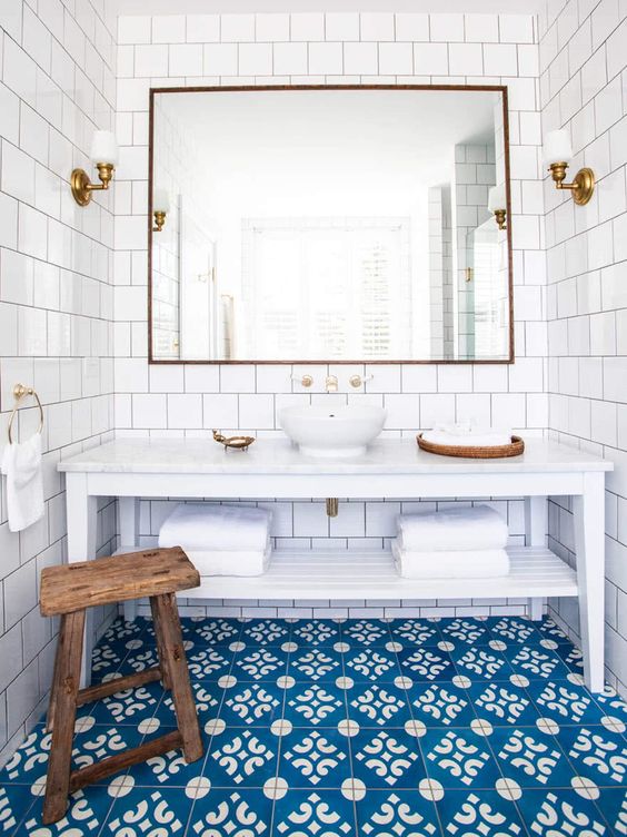Bright blue mosaic tiles and white tiles on the walls build up a gorgeous beach inspired bathroom