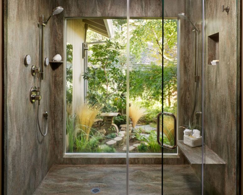 if you have your own garden with walls, going for a full height window in the shower is no problem