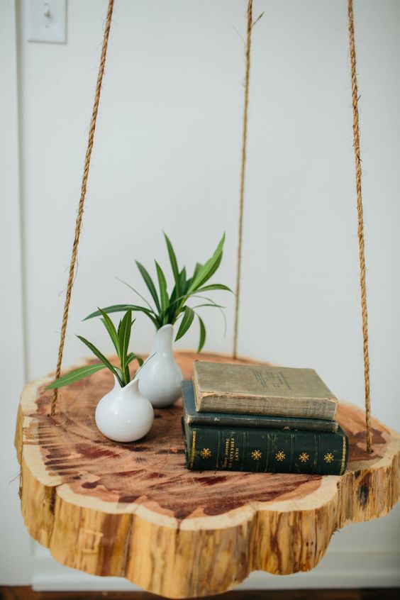 make such a gorgeous tree stump slice bedside table with rope for a chic natural feel