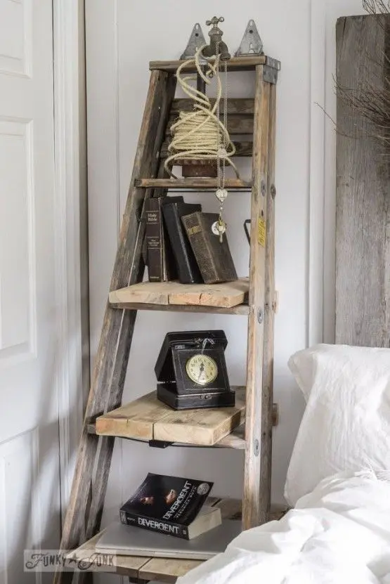 A vintage rustic ladder brings much open storage and looks very eye catchy