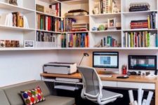 25 if the space is small, go for a transformable sofa and a desk like here plus bookshelves