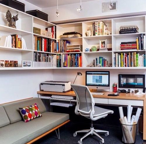 if the space is small, go for a transformable sofa and a desk like here plus bookshelves