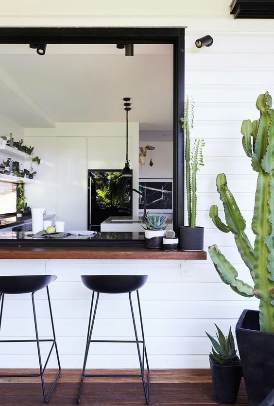 a black and white space with a dark stained bar counter and black metal stools plus cacti