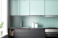 03 a minimalist kitchen in mint and very dark stained wood for a contrasting modern look