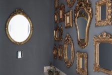 08 make your bathroom super refined and elegant hanging various gold antique frames on the wall