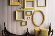 10 add a touch of color with a gallery wall in the shades of yellow and green and matching pillows
