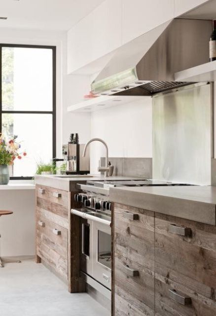 an industrial space of rough wood, stainless steel and concrete countertops for a tough look
