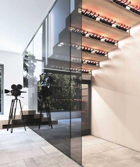 a smart wine cellar with the bottles stored in the steps and in a cooler