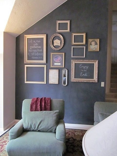 create a cool chalkboard wall and add empty frames leaving some of them empty and chalking messages in others
